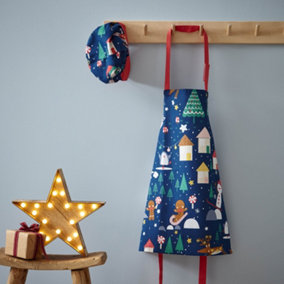 Catherine Lansfield Kitchen Santa's Christmas Wonderland Kids Apron 48x55 cm & Hat Set 20x24 cm Navy
