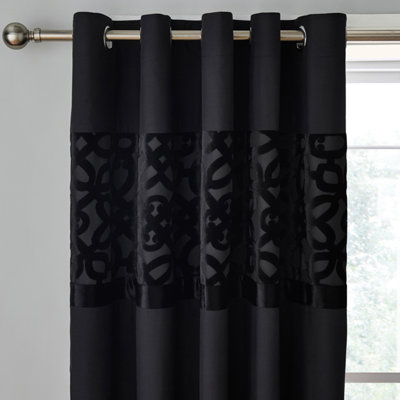 Catherine Lansfield Lattice Cut Velvet 66x72 Inch Eyelet Curtains Two Panels Black