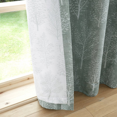 Catherine Lansfield Living Alder Trees 46x72 Inch Lined Eyelet Curtains Two Panels Sage Green