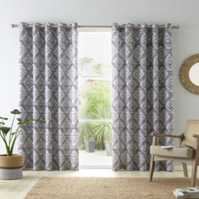 Catherine Lansfield Living Aztec Geo 46x72 Inch Lined Eyelet Curtains Two Panels Charcoal Grey