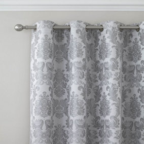 Catherine Lansfield Living Damask Jacquard 66x72 Inch Eyelet Curtains Two Panels Silver Grey