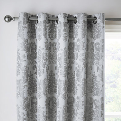 Catherine Lansfield Living Damask Jacquard 66x90 Inch Eyelet Curtains Two Panels Silver Grey