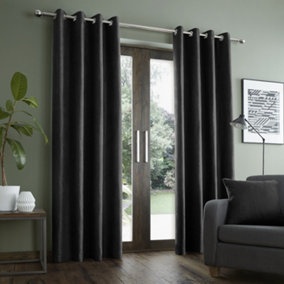 Catherine Lansfield Living Faux Suede 90x90 Inch Eyelet Curtains Two Panels Black