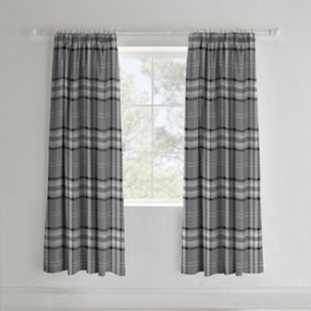 Catherine Lansfield Living Kelso Check 66x72 Inch Pencil Pleat Curtains Two Panels Charcoal Grey