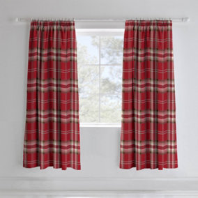 Catherine Lansfield Living Kelso Check 66x72 Inch Pencil Pleat Curtains Two Panels Red