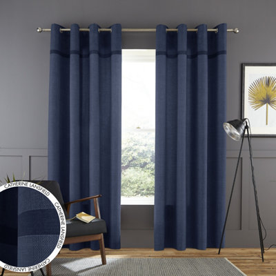 Catherine Lansfield Living Melville Woven Texture 46x54 Inch Eyelet  Curtains Two Panels Navy