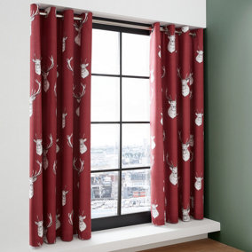 Catherine Lansfield Living Munro Stag Check 66x72 Inch Eyelet Curtains Two Panels Red