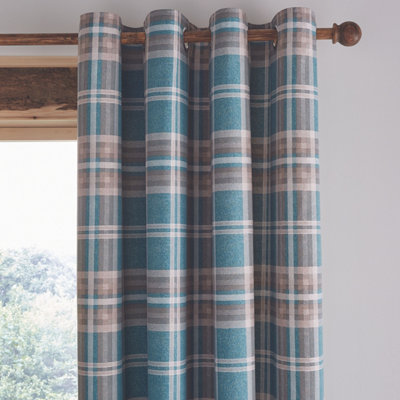 Catherine Lansfield Living Tweed Woven Check 46x54 Inch Eyelet Curtains Two Panels Teal