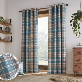 Catherine Lansfield Living Tweed Woven Check 66x90 Inch Eyelet Curtains Two Panels Teal