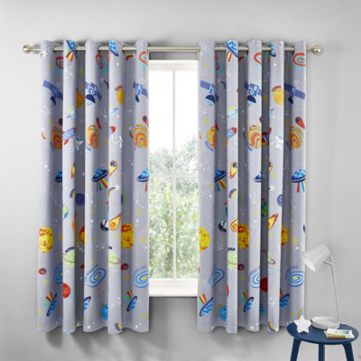 Catherine Lansfield Lost In Space 66x72 Inch Fully Reversible Two Curtain Panels Grey/Blue