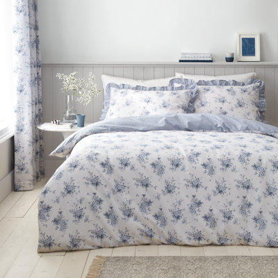 Catherine Lansfield Lucie Floral Frill Reversible Duvet Cover Set with Pillowcases White Blue