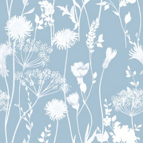 Catherine Lansfield Meadowsweet Floral Wallpaper Blue Muriva 165583