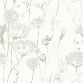 Catherine Lansfield Meadowsweet Floral Wallpaper Sage Green Muriva 165584
