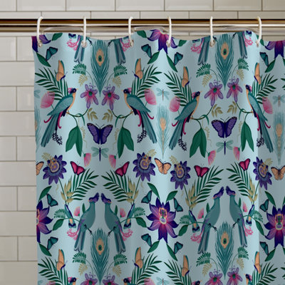 Catherine Lansfield Mya Tropical Bird 180x180cm Shower Curtain Duck Egg Blue