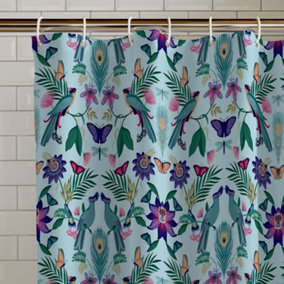 Catherine Lansfield Mya Tropical Bird 180x180cm Shower Curtain Duck Egg Blue