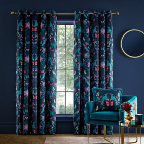 Catherine Lansfield Mya Tropical Floral 90x90 Inch Lined Eyelet Curtains Two Panels Navy Blue