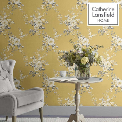 Catherine Lansfield Ochre Floral Pearl effect Embossed Wallpaper