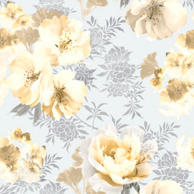 Catherine Lansfield Ochre Floral Pearl Effect Embossed Wallpaper