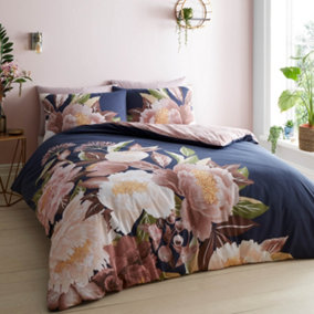Catherine Lansfield Opulent Floral Double Duvet Cover Set with Pillowcases Navy