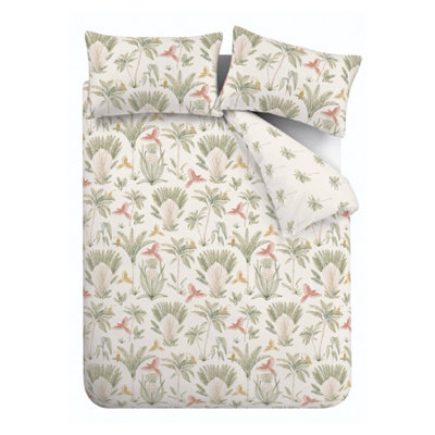 Catherine Lansfield Paradiso Palm Reversible Double Duvet Cover Set with Pillowcases Natural