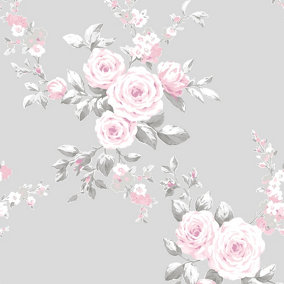 Vintage Grey and Pink Rose Floral Wallpaper -   Grey floral wallpaper,  Rose wallpaper, Pink floral wallpaper