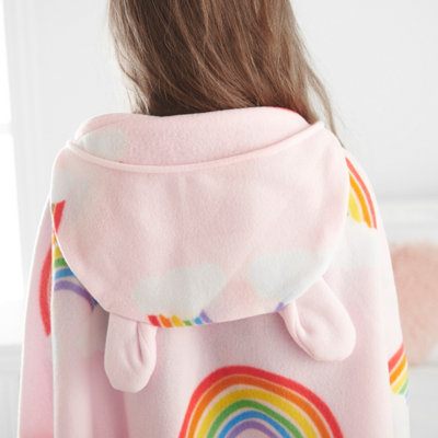 Catherine Lansfield Rainbow Hearts Cosy Fleece Hooded Blanket Pink