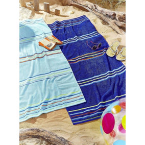 Catherine Lansfield Rainbow Stripe Cotton 75x50cm Beach Towel Pair Blue/Navy