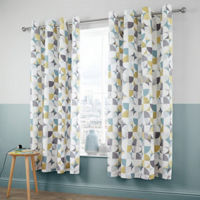 Catherine Lansfield Retro Circles 66x72 Inch Eyelet Curtains Two Panels Green Ochre