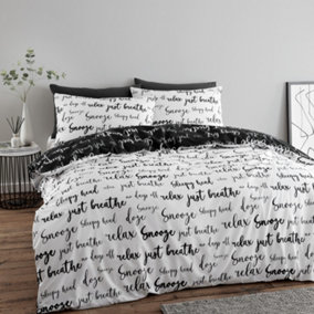 Catherine Lansfield Script Double Duvet Cover Set with Pillowcases Black White