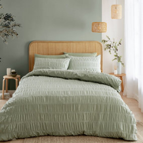 Catherine Lansfield Seersucker Embellished Duvet Cover Set with Pillowcases Sage Green
