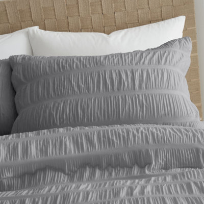 Catherine Lansfield Seersucker Embellished Single Duvet Cover Set with Pillowcase Grey