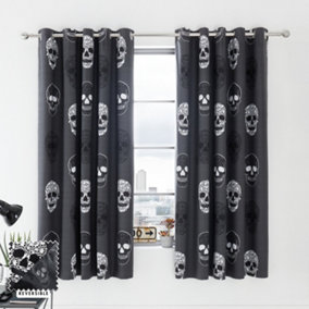 Catherine Lansfield Skulls 66x72 Inch Fully Reversible Eyelet Curtains Two Panels Grey