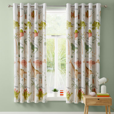 Catherine Lansfield Sleepy Dino Fully Reversible 66x72 Inch Eyelet Curtains Two Panel Green