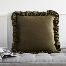 Catherine Lansfield So Soft Velvet Touch Double Frill 43x43 cm Cushion Olive Green