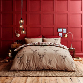 Catherine Lansfield Stag Check King Duvet Cover Set with Pillowcases Natural