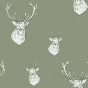Catherine Lansfield Stag Wallpaper Sage Green Muriva 165515