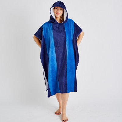 Catherine Lansfield Stripe Hooded  Cotton 92x108cm Towel Poncho Blue