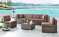 Catina 7 Piece Modular Brown Rattan Sofa Garden L- Shaped U- Shaped  Lounge Set with Glass Topped Coffee Table Brown Cushions