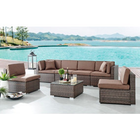 Catina 7 Piece Modular Brown Rattan Sofa Garden L- Shaped U- Shaped  Lounge Set with Glass Topped Coffee Table Brown Cushions