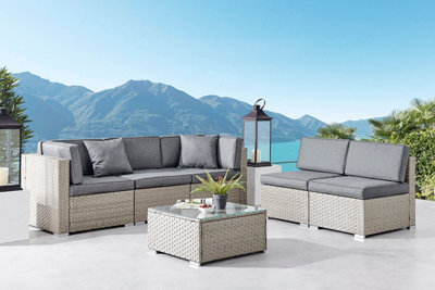 Catina 7 Piece Modular Grey Rattan Sofa Garden L- Shaped U- Shaped Lounge Set with Glass Topped Coffee Table Grey Cushions