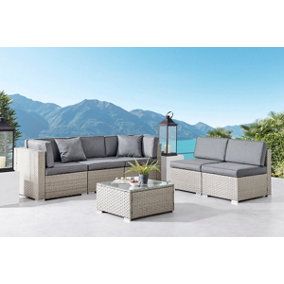 Catina 7 Piece Modular Grey Rattan Sofa Garden L- Shaped U- Shaped Lounge Set with Glass Topped Coffee Table Grey Cushions