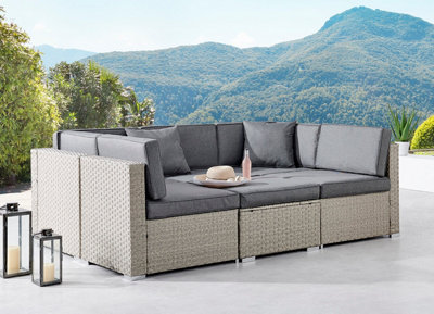 Catina 7 Piece Modular Grey Rattan Sofa Garden L- Shaped U- Shaped Lounge Set with Glass Topped Coffee Table Grey Cushions