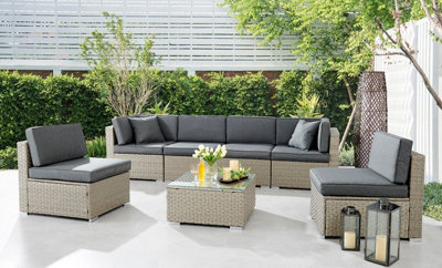 Catina 7 Piece Modular Grey Rattan Sofa Garden L- Shaped U- Shaped Lounge Set with Glass Topped Coffee Table Grey Cushions - 3