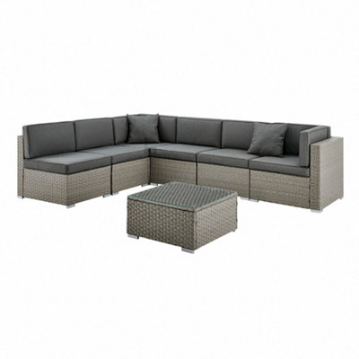 Catina 7 Piece Modular Grey Rattan Sofa Garden L- Shaped U- Shaped Lounge Set with Glass Topped Coffee Table Grey Cushions - 4