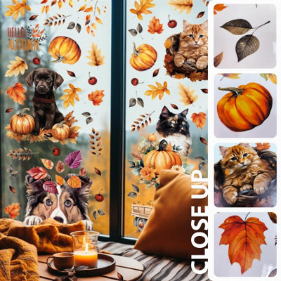 Cats & Dogs Enjoying The Autumn Window Clings - Double-Sided Fall ...