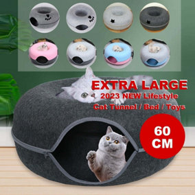 Cats Tunnel Natural Felt Pet Cat Cave Bed Nest Round House Donuts Interactive Toy 60 CM Diameter Dark Grey