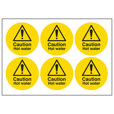 CAUTION HOT WATER 6x Warning Sign - Self Adhesive 65mm Diameter