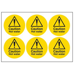 CAUTION HOT WATER 6x Warning Sign - Self Adhesive 65mm Diameter