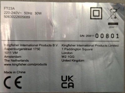 Label for OPP white 9" table fan showing FT23A code.