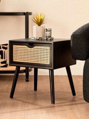 Cebu Black Side Table with Rattan Drawer